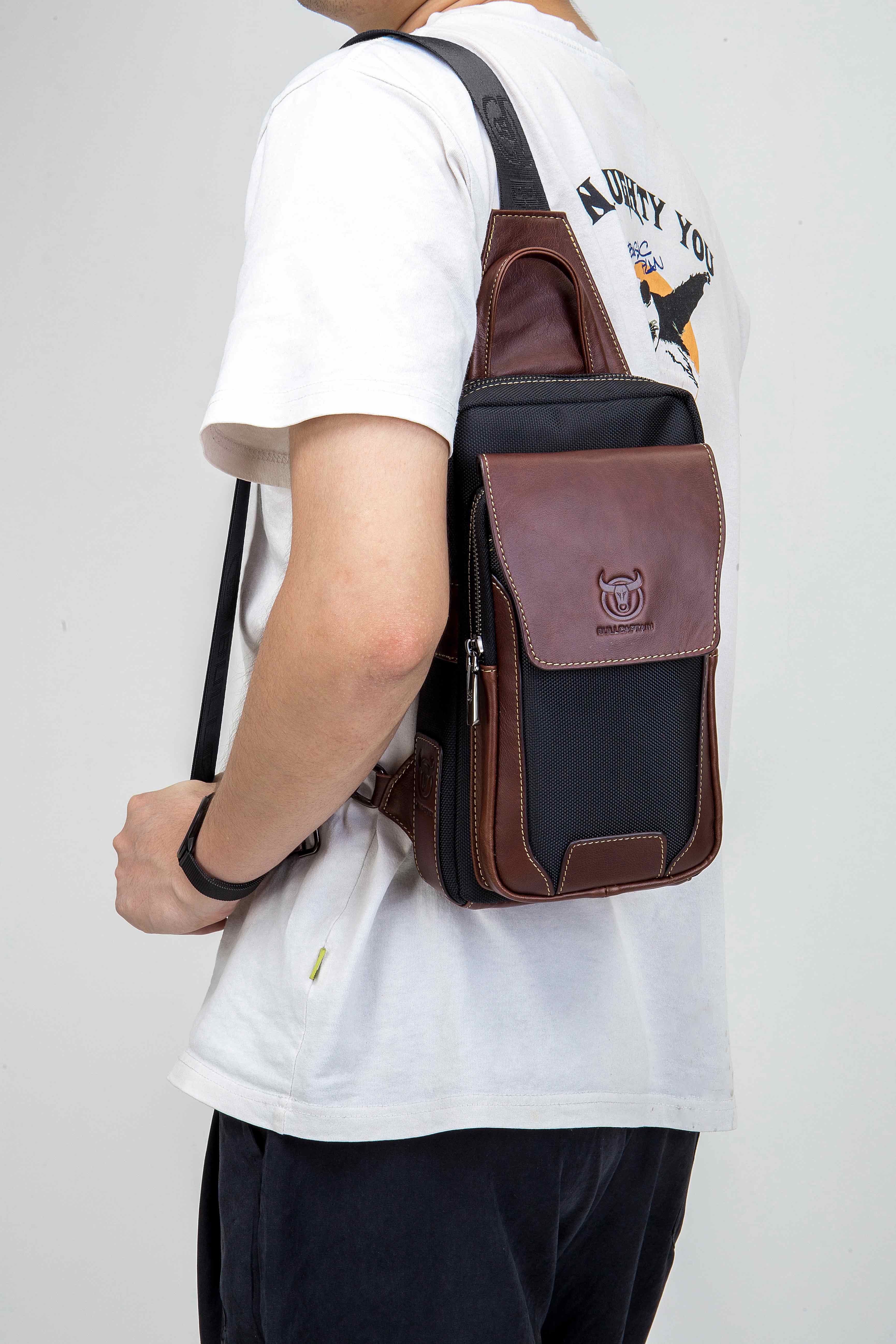 Bullcaptain Leather Sling Bag Durable Chest Shoulder Hiking Backpack Vintage Handmade Crossbody Daypack - 9999
