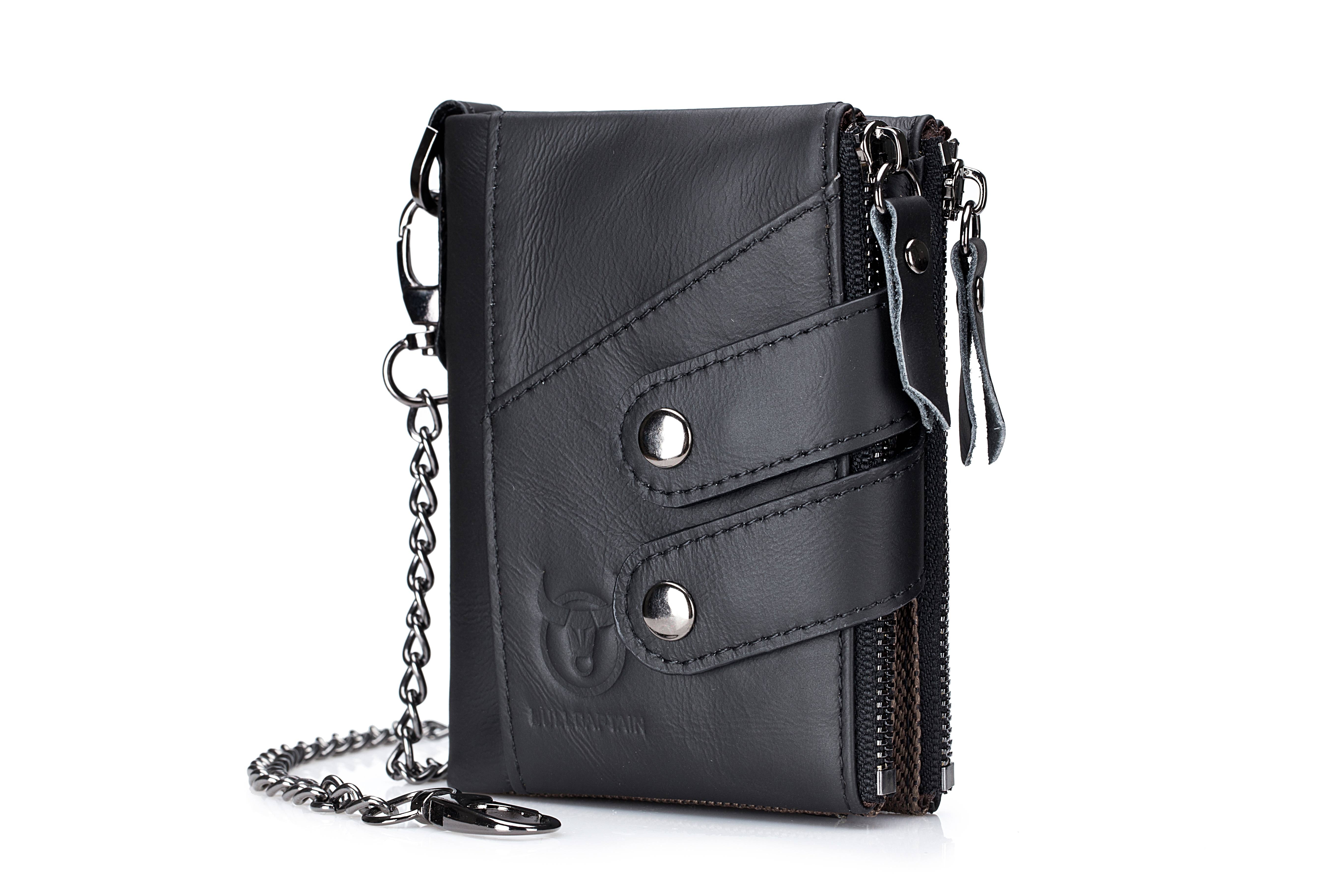 Bullcaptain Leather Zipper Wallet with Chain Rfid Blocking Badge Holder Multifunction Coin Pocket - 0201