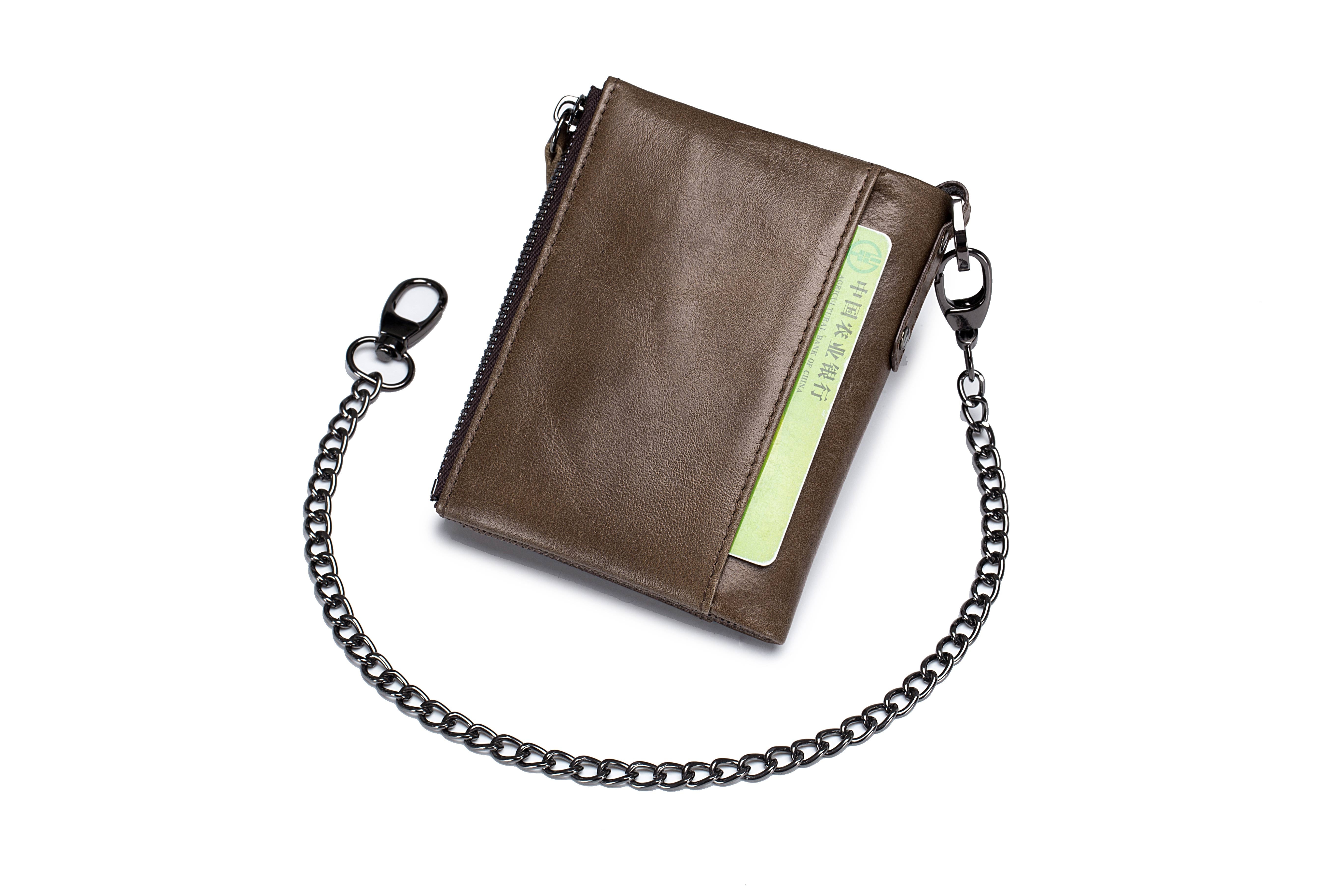 Bullcaptain Leather Zipper Wallet with Chain Rfid Blocking Badge Holder Multifunction Coin Pocket - 0201