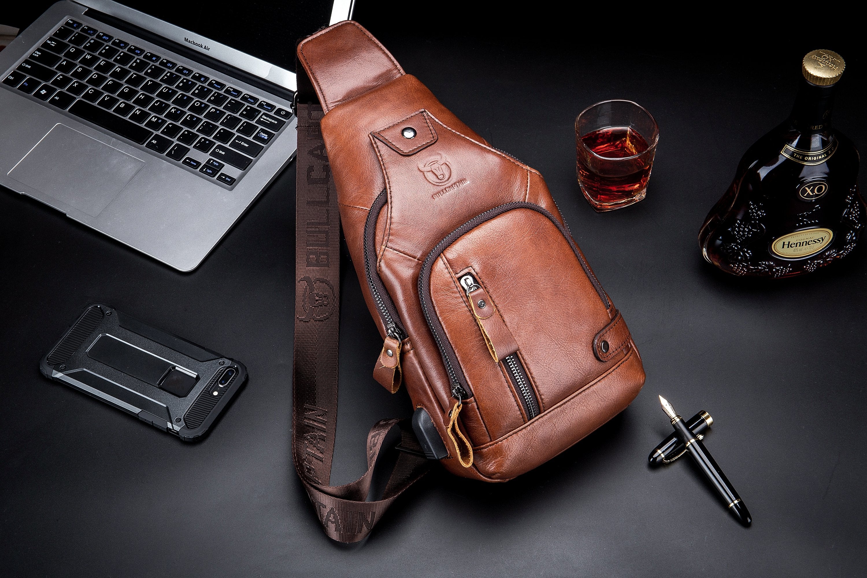 BULLCAPTAIN LEATHER SLING BAG WITH CHARING PORT - 129